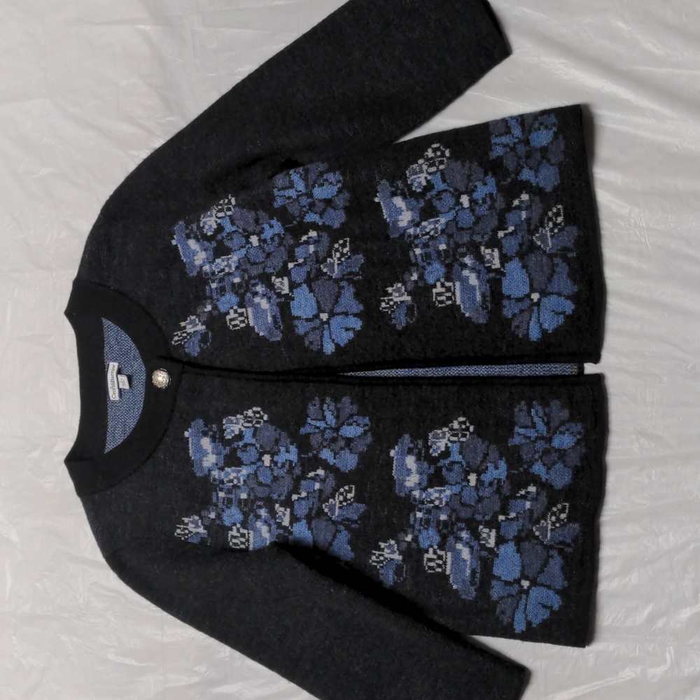 Croft & Barrow Vintage 100% Wool Blue Floral Print Cottage Cardigan Sweater NWOT